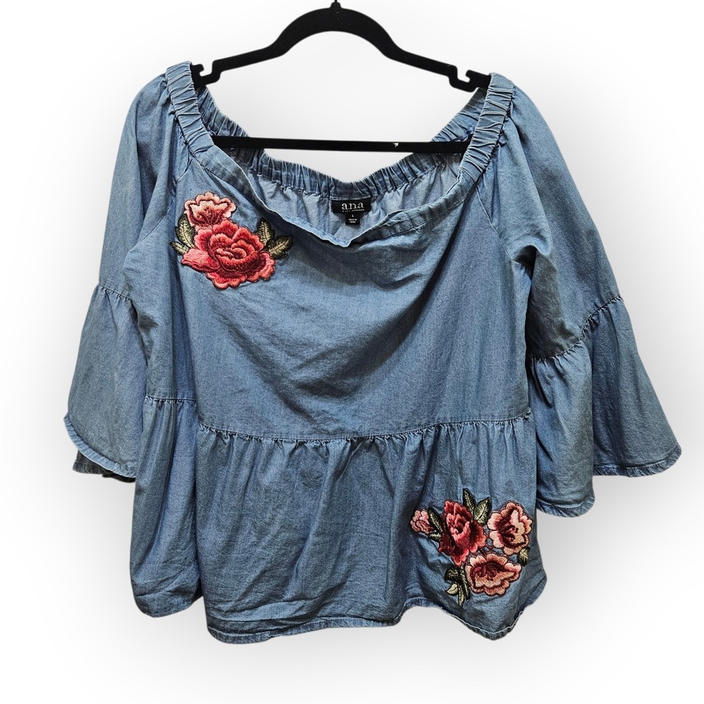 ana A New Approach Women Blue Chambray Embroidered Off Shoulder Peplum Top Large